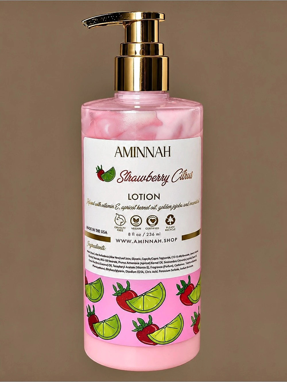 NEW Aminnah Strawberry Citrus Hydrating Body Lotion 8 oz Pink Vegan